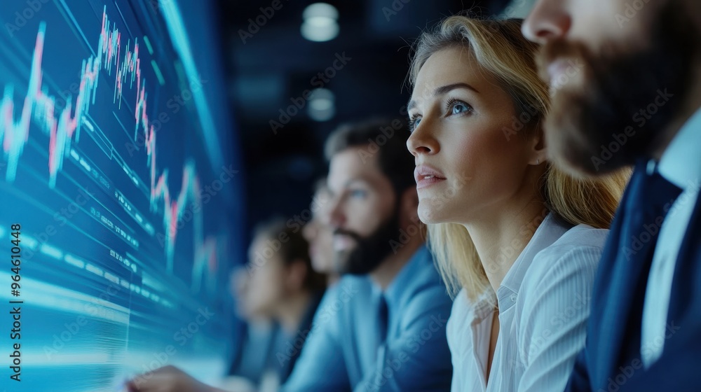 A group of people looking at a screen with stock prices, AI A group of people looking at a screen with stock prices, AI