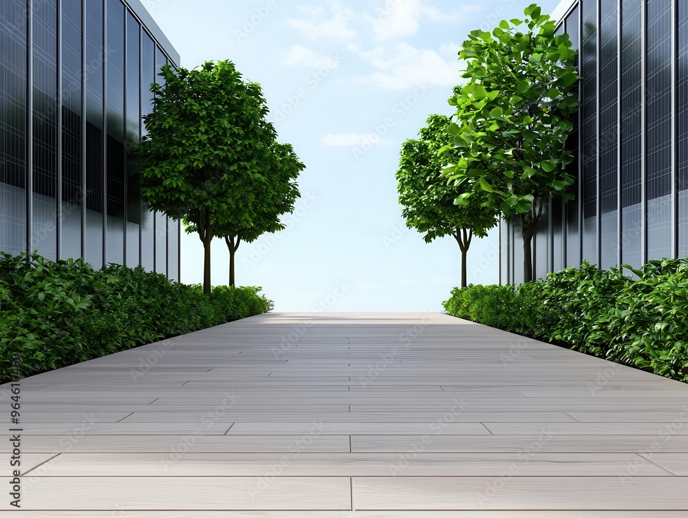 A futuristic office with glass walls, trees growing inside the building, and solar panels, Sustainable, Green building, 3D Render A futuristic office with glass walls, trees growing inside the building, and solar panels, Sustainable, Green building, 3D Render