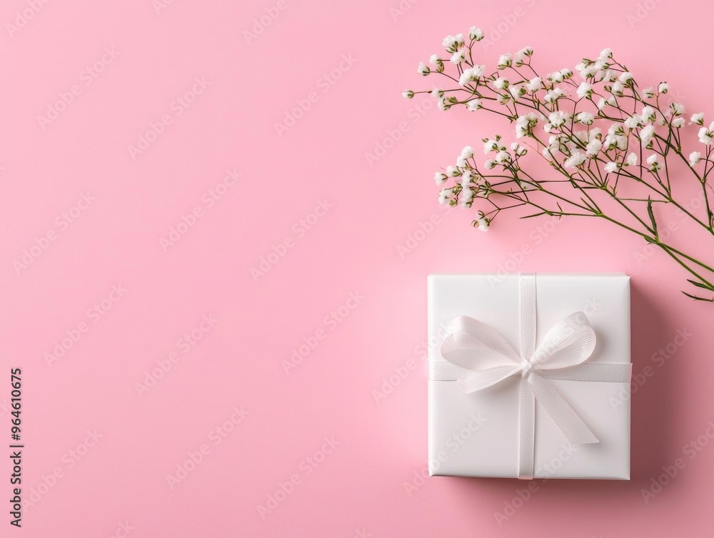A wedding card with a soft and romantic feel, featuring a pink background, a white gift box, and delicate baby s breath flowers A wedding card with a soft and romantic feel, featuring a pink background, a white gift box, and delicate baby s breath flowers
