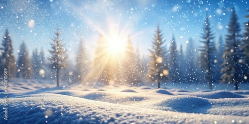 Winter nature background with falling snow under the sunlight