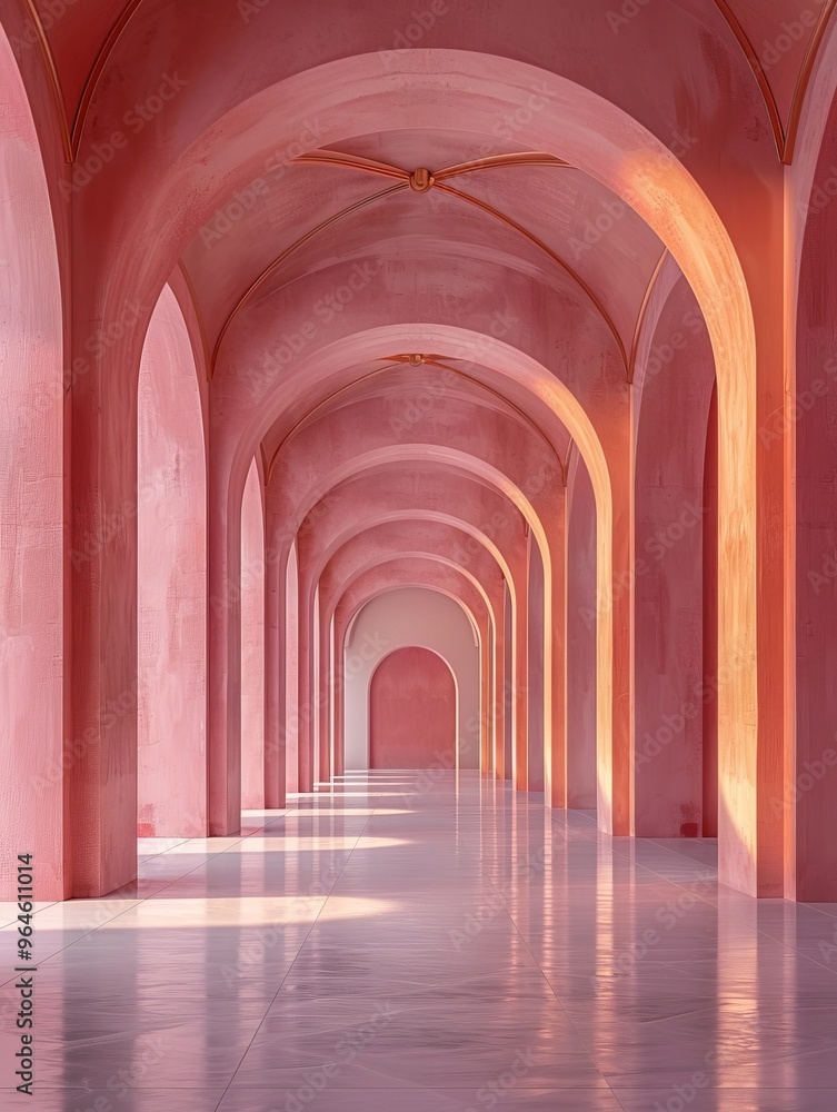 Obraz premium Minimalist peach and pink arches on a white reflective floor in a modern elegant space