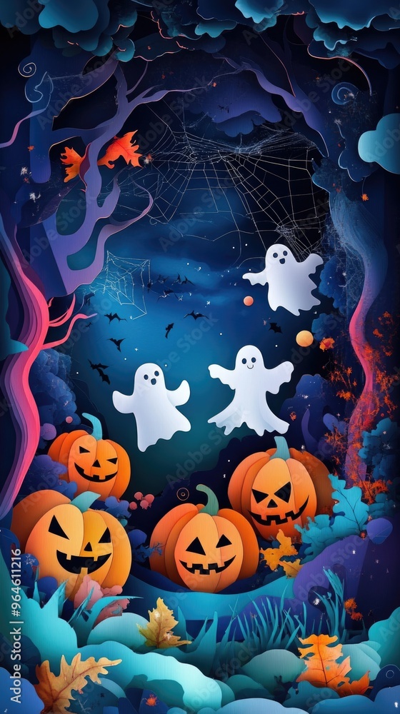 Paper cut style illustration of playful ghosts and pumpkins dancing under the moonlight Paper cut style illustration of playful ghosts and pumpkins dancing under the moonlight
