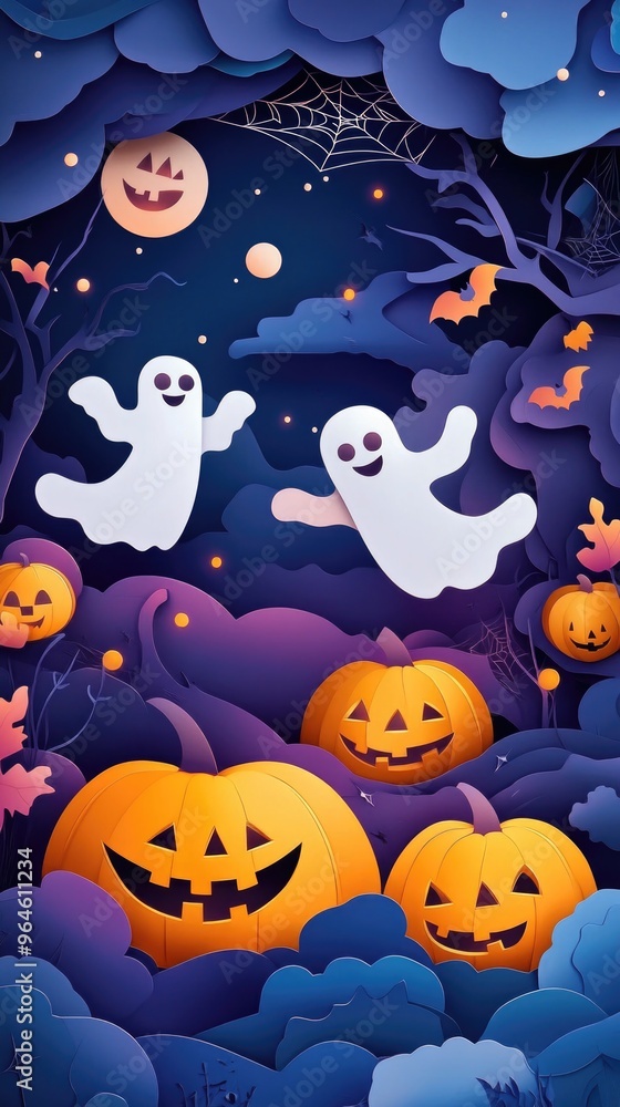Paper cut style illustration of playful ghosts and pumpkins dancing under the moonlight Paper cut style illustration of playful ghosts and pumpkins dancing under the moonlight