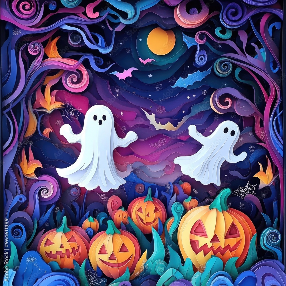 Paper cut style illustration of playful ghosts and pumpkins dancing under the moonlight Paper cut style illustration of playful ghosts and pumpkins dancing under the moonlight
