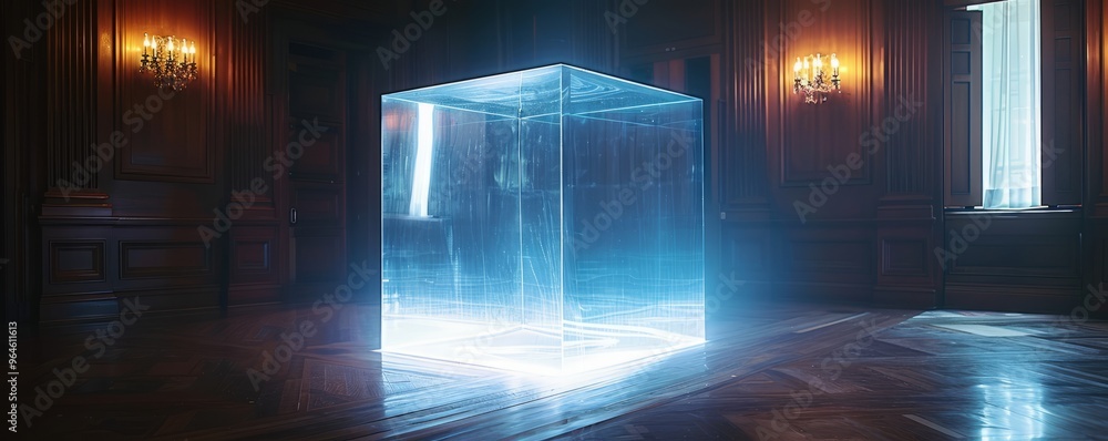 Transparent acrylic pedestal, reflecting subtle light in a dark room. Transparent acrylic pedestal, reflecting subtle light in a dark room.