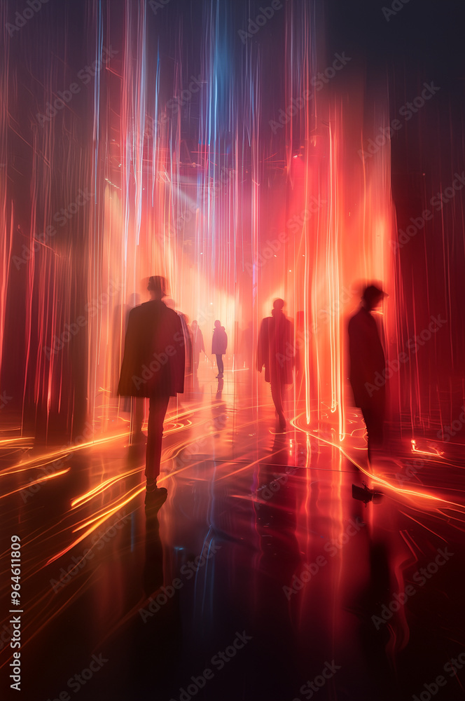 Scène urbaine abstraite avec des silhouettes floues marchant à travers un décor de lumières rouges , technologie futuriste, isolement, sinistrose Scène urbaine abstraite avec des silhouettes floues marchant à travers un décor de lumières rouges , technologie futuriste, isolement, sinistrose