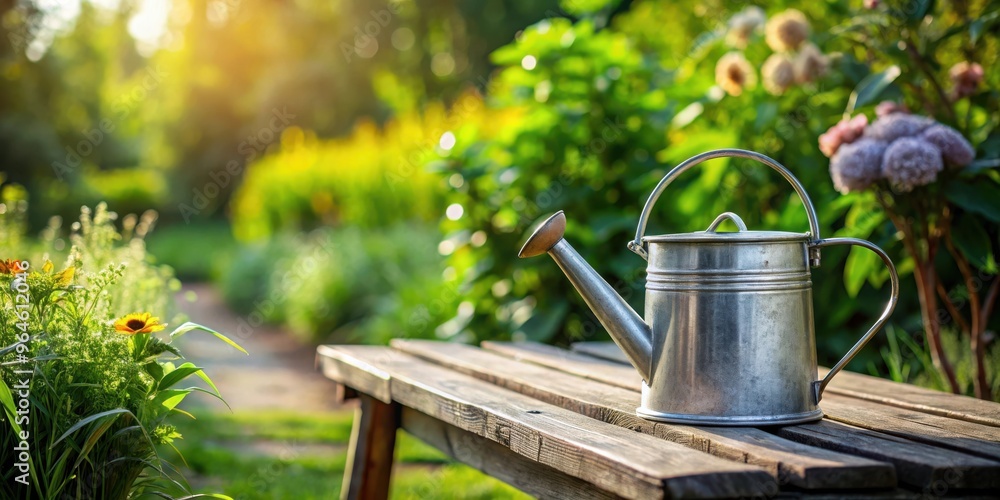 Tin watering can placed on a wooden bench in a garden setting Tin watering can placed on a wooden bench in a garden setting