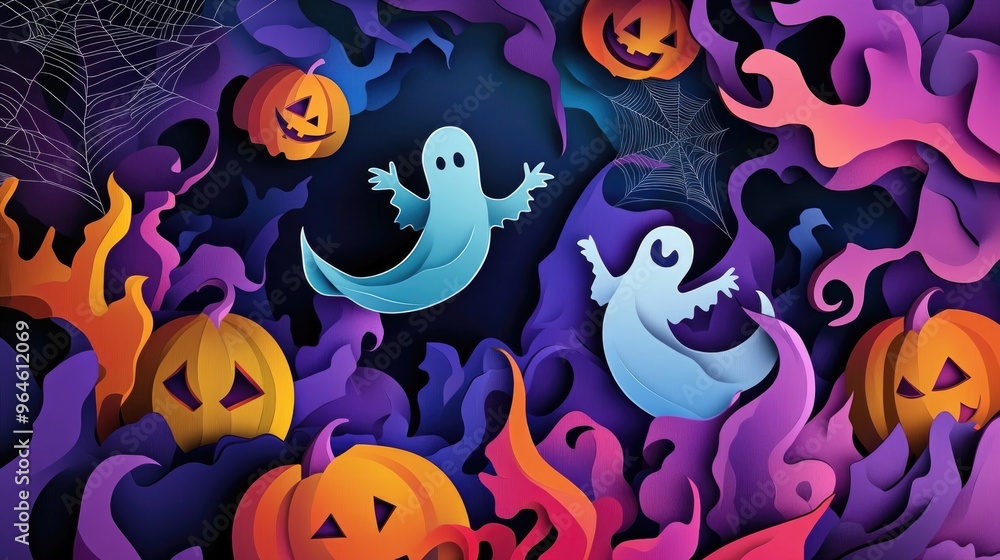 Paper cut style illustration of playful ghosts and pumpkins dancing under the moonlight Paper cut style illustration of playful ghosts and pumpkins dancing under the moonlight
