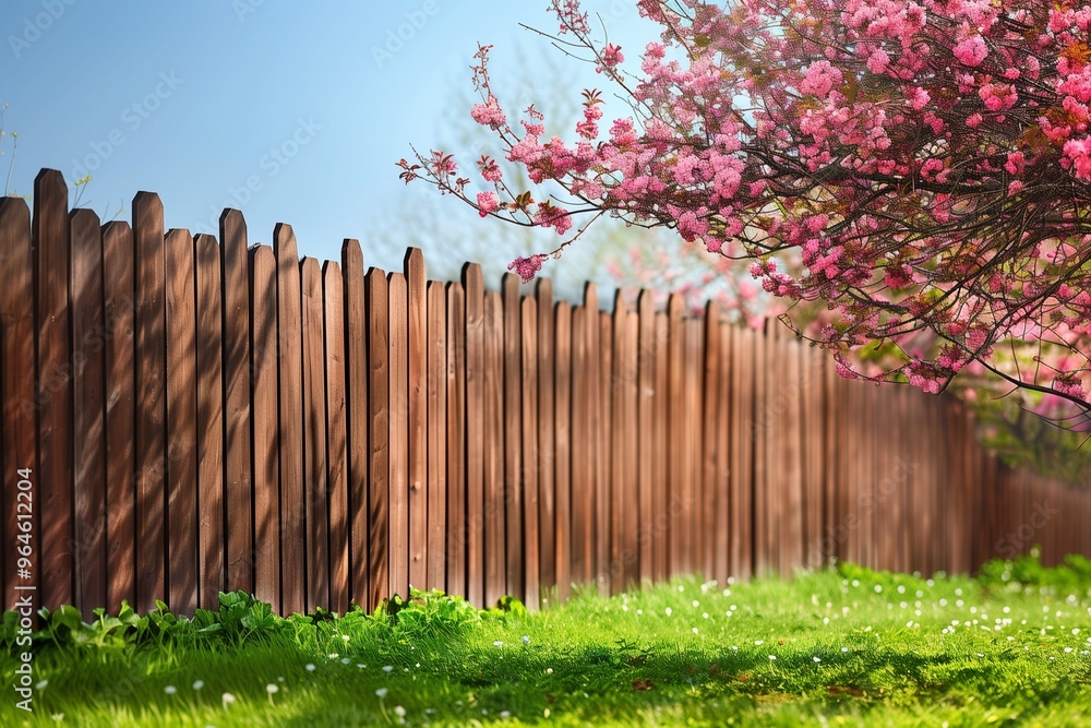 Fototapeta premium Wooden fence in the backyard and trees blooming in spring