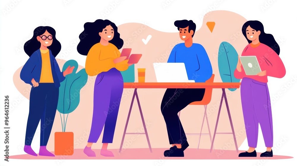 Three people are standing around a table with laptops, AI Three people are standing around a table with laptops, AI