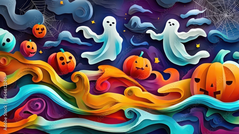Paper cut style illustration of playful ghosts and pumpkins dancing under the moonlight Paper cut style illustration of playful ghosts and pumpkins dancing under the moonlight