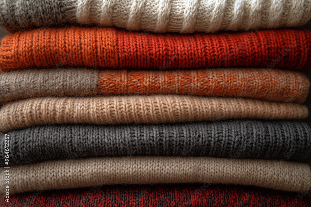 Stack of folded sweaters in warm earthy tones Stack of folded sweaters in warm earthy tones