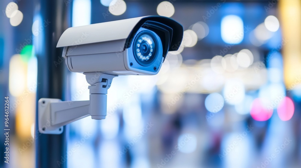 A security camera mounted on a wall, capturing surveillance footage in a blurred indoor environment. A security camera mounted on a wall, capturing surveillance footage in a blurred indoor environment.