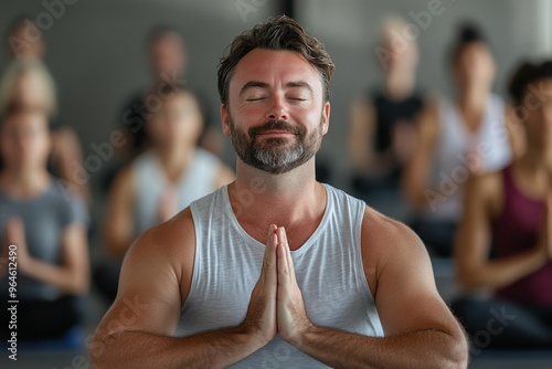 A man in a yoga class with eyes closed, hands in a prayer pose, exuding calmness and focus. Other participants are seen blurred in the background, representing mindfulness and group meditation