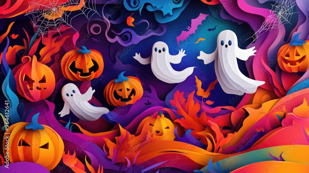 Paper cut style illustration of playful ghosts and pumpkins dancing under the moonlight Paper cut style illustration of playful ghosts and pumpkins dancing under the moonlight