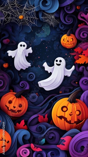 Paper cut style illustration of playful ghosts and pumpkins dancing under the moonlight
