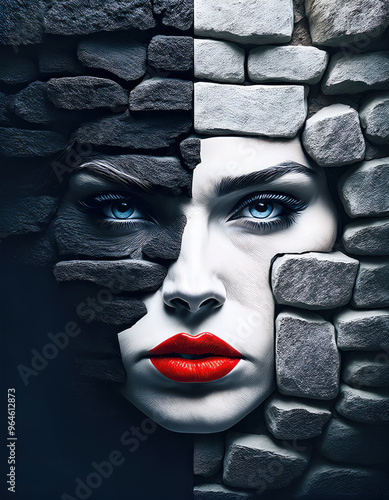 Photo d'art du visage maquillée d'une femme emmurée 