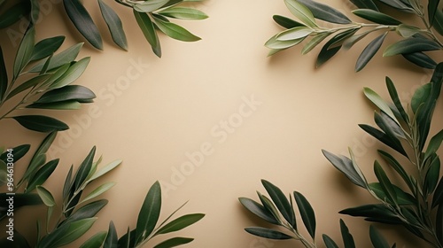 Brown khaki background decorated with Olives and olive branches. Background with olive leaves for your package and design illustration.