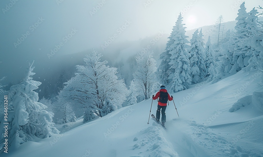 A person with a focused expression, skiing down powdery snow slopes with speed and precision in a winter wonderland with snow-covered trees against a white backdrop. 4K hyperrealistic photo. A person with a focused expression, skiing down powdery snow slopes with speed and precision in a winter wonderland with snow-covered trees against a white backdrop. 4K hyperrealistic photo.