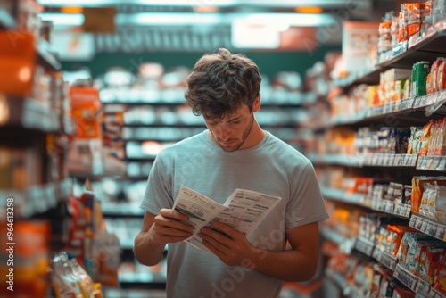 A man standing in a grocery store aisle reading through a coupon booklet, carefully considering his shopping options surrounded by shelves full of products, representing budgeting concept photo