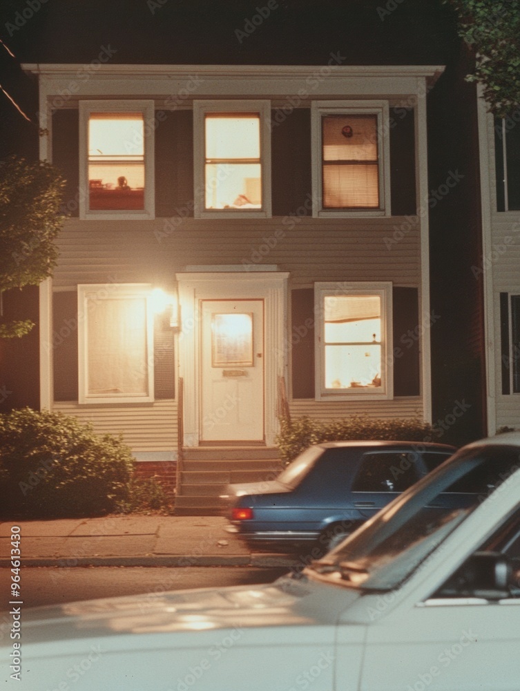 Fototapeta premium Nighttime View of Illuminated Victorian House with Mysterious Ambiance