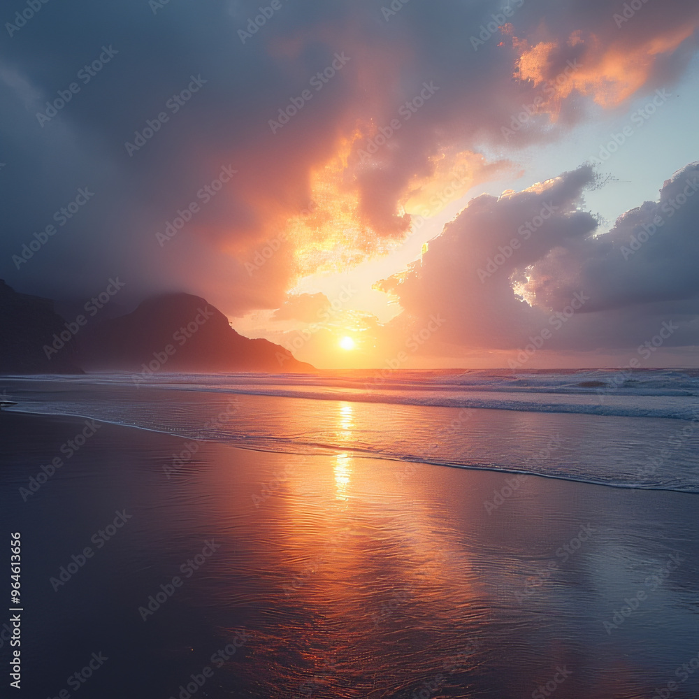 Obraz premium A breathtaking sunset illuminates the sky with vibrant orange and pink hues, reflecting on the calm ocean waters. The dramatic clouds and distant mountain silhouette create a serene yet powerful atmos