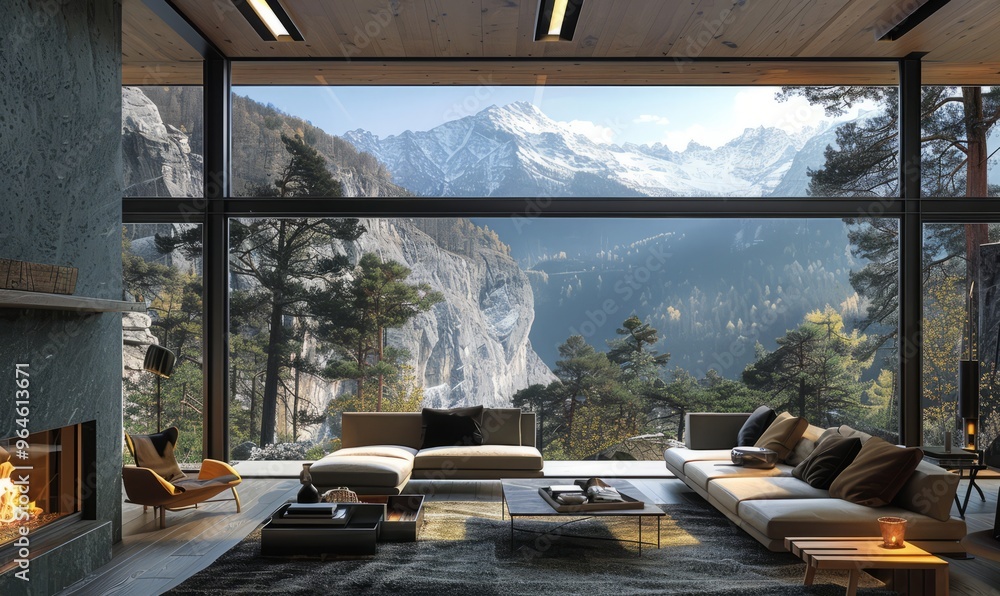 Contemporary mountain villa with large windows. Contemporary mountain villa with large windows.