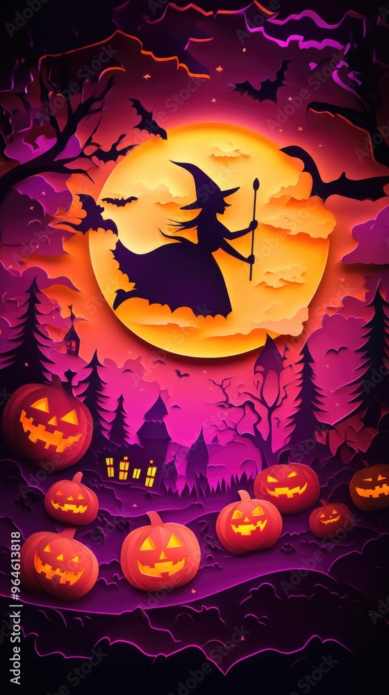 Fototapeta premium Paper cut style illustration of a witch flying over pumpkins under a full moon
