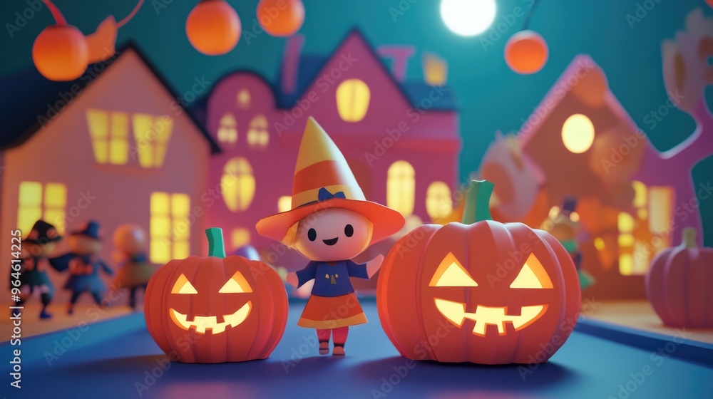 Paper cut style illustration of a Halloween pumpkin festival with trick-or-treaters in costumes Paper cut style illustration of a Halloween pumpkin festival with trick-or-treaters in costumes