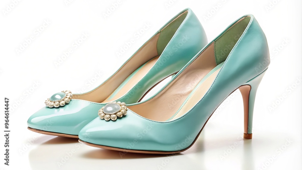 Naklejka premium Aqua blue wedding pumps with sleek mirror details, chic modern mood, round toe, pale blue color, sophisticated concept.