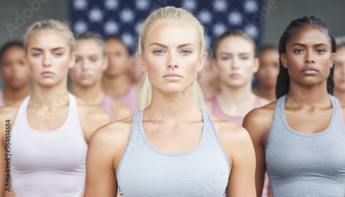 Diverse Female Athletes Training Together in Front of American Flag for Sports Empowerment