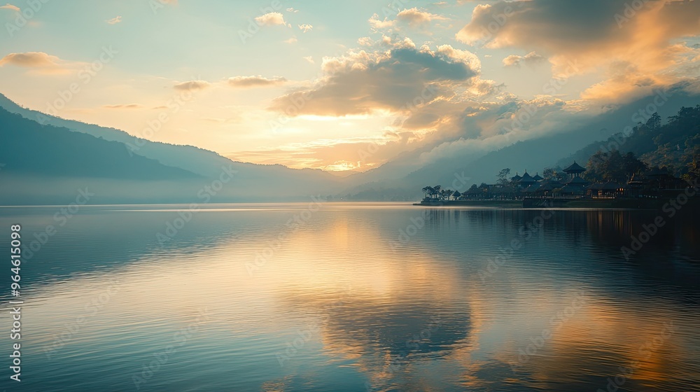 Obraz premium The serene waters of Lake Beratan with the Ulun Danu Beratan Temple sitting on its shore at sunrise.