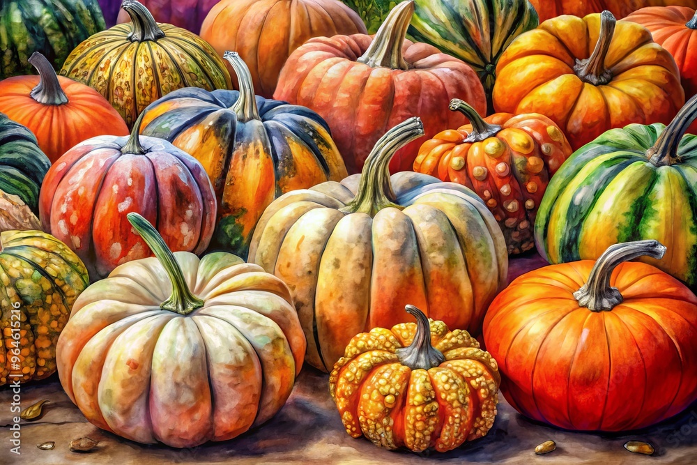 artistic renderings of pumpkins in various textures and forms through painted watercolors and mixed media artistic renderings of pumpkins in various textures and forms through painted watercolors and mixed media