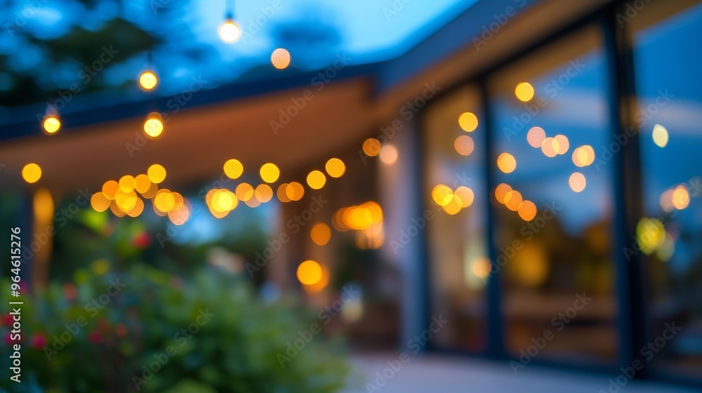 Naklejka premium A softly blurred outdoor setting adorned with string lights, creating a warm, inviting atmosphere for leisure.