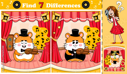 educational game for kids featuring a charming hamster mascot dressed as a gentleman, playing the violin on stage. Find the 7 differences between the two identical-looking concert scenes.