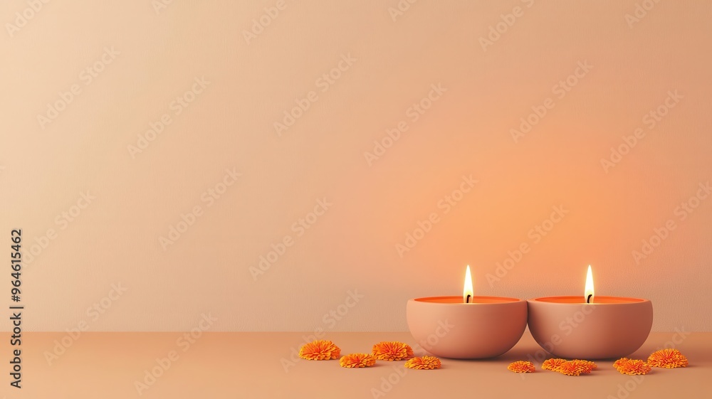 Diwali candleholders with marigold petals, festive arrangement, 3D illustration Diwali candleholders with marigold petals, festive arrangement, 3D illustration