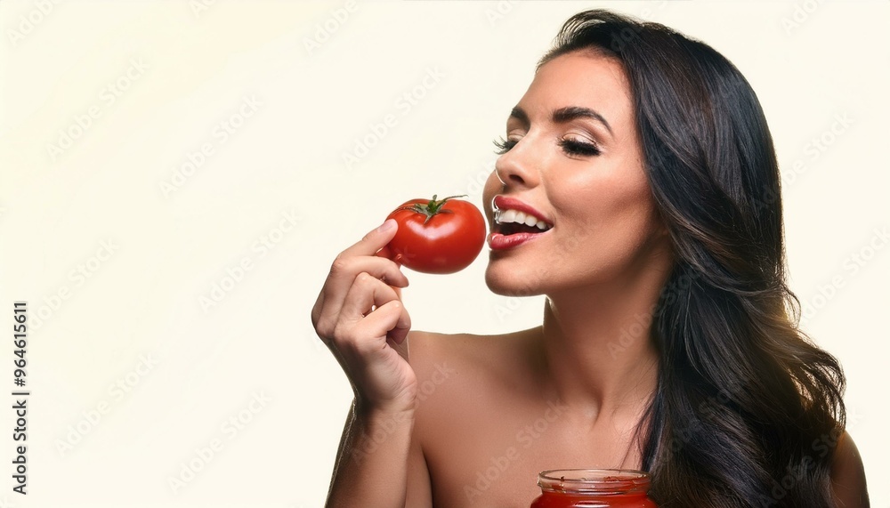 beautiful young woman eating tomato, AI generated beautiful young woman eating tomato, AI generated