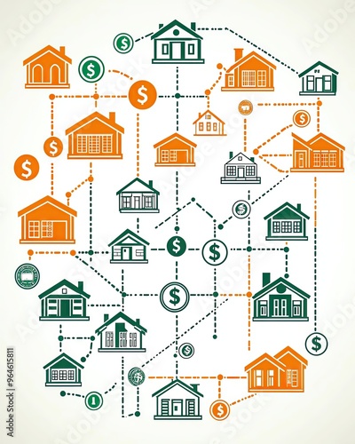 A creative illustration of interconnected houses with dollar signs, symbolizing real estate investment and market dynamics.