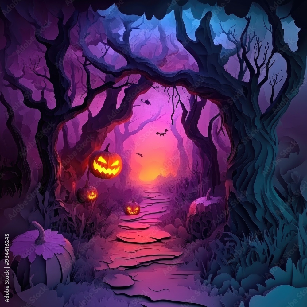 Paper cut style illustration of an enchanted forest with glowing pumpkins and twisted trees Paper cut style illustration of an enchanted forest with glowing pumpkins and twisted trees