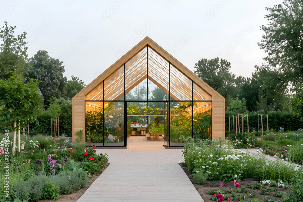Modern Greenhouse with Wooden Frame in a Lush Garden Modern Greenhouse with Wooden Frame in a Lush Garden