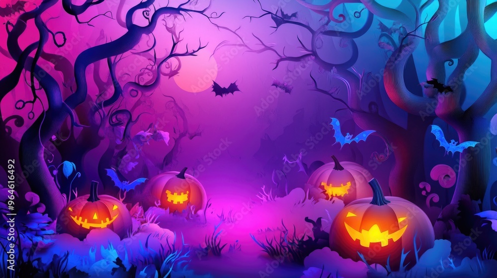Paper cut style illustration of an enchanted forest with glowing pumpkins and twisted trees Paper cut style illustration of an enchanted forest with glowing pumpkins and twisted trees