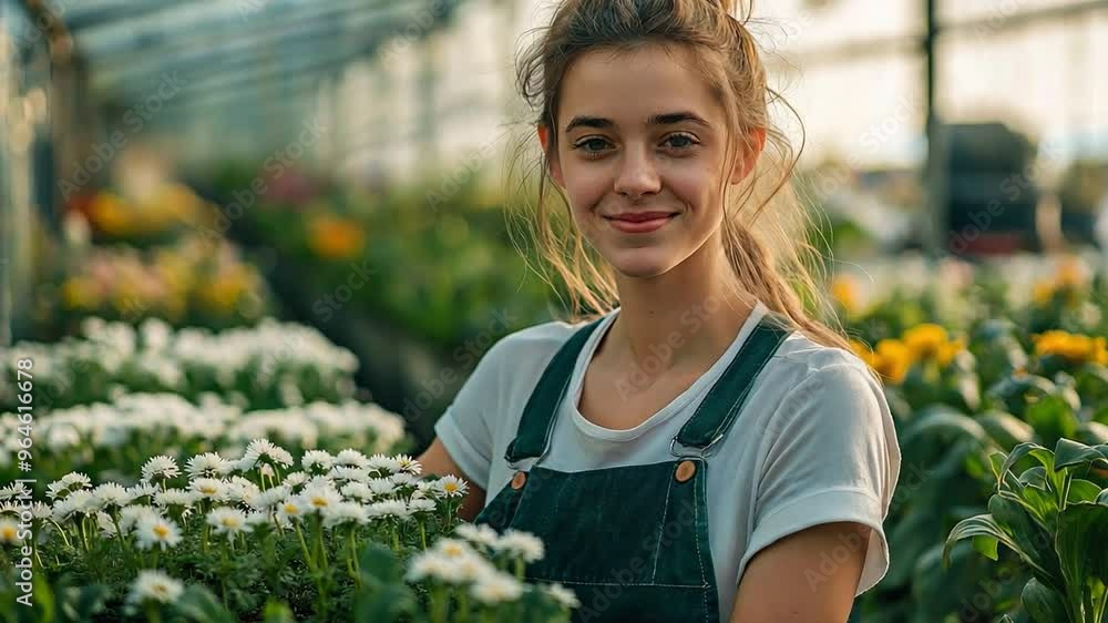 small-scale greenhouse enterprise. A businesswoman stands in a greenhouse, selling flowers and seedlings small-scale greenhouse enterprise. A businesswoman stands in a greenhouse, selling flowers and seedlings