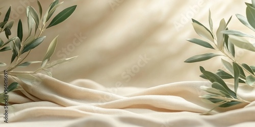 Brown khaki background decorated with Olives and olive branches. Background with olive leaves for your package and design illustration.