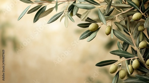 Brown khaki background decorated with Olives and olive branches. Background with olive leaves for your package and design illustration.