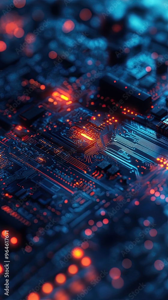 Close-up of a detailed circuit board featuring glowing lights and intricate pathways, showcasing technology and innovation. Close-up of a detailed circuit board featuring glowing lights and intricate pathways, showcasing technology and innovation.