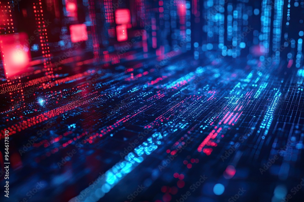 Vibrant digital data stream with glowing particles in red and blue tones, creating a futuristic technological background. Vibrant digital data stream with glowing particles in red and blue tones, creating a futuristic technological background.