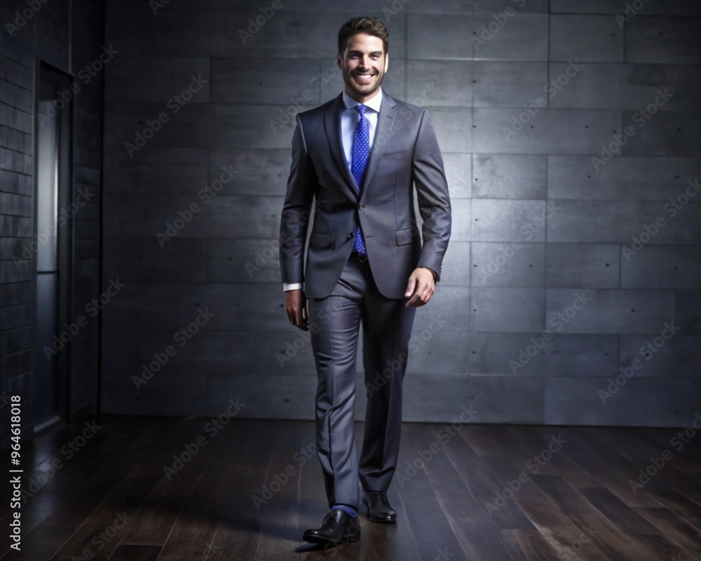 Full-Length Smiling Businessman in Formal Suit, Young Professional Male Executive Walking Confidently Full-Length Smiling Businessman in Formal Suit, Young Professional Male Executive Walking Confidently