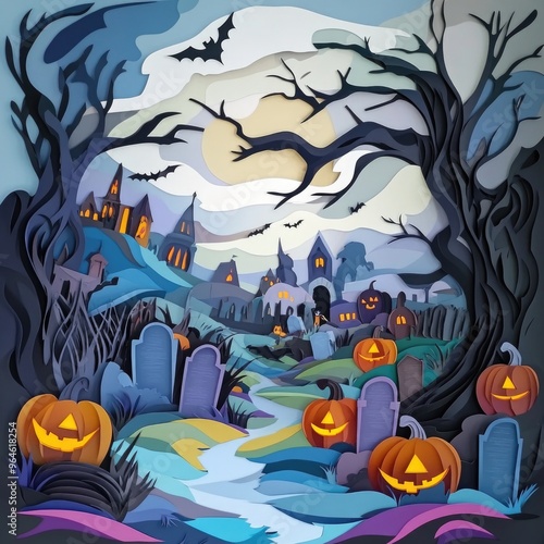 Paper cut style illustration of jack-o'-lanterns glowing in a foggy graveyard