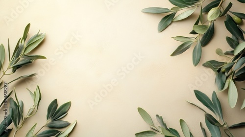 Brown khaki background decorated with Olives and olive branches. Background with olive leaves for your package and design illustration.