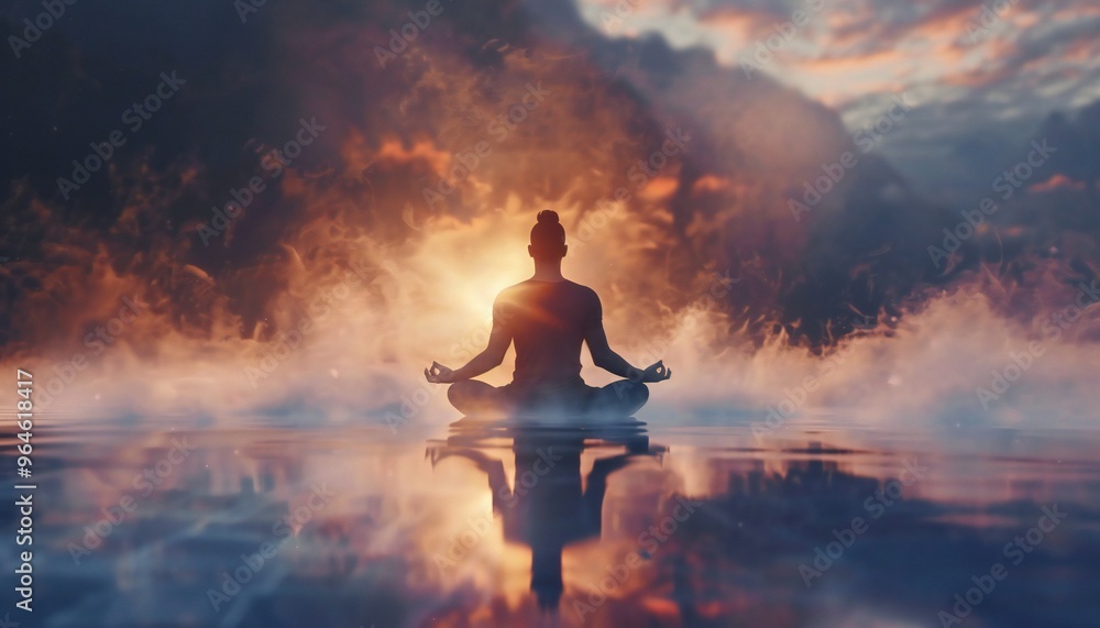 A man sitting in lotus position, deeply meditating and undergoing a spiritual transformation A man sitting in lotus position, deeply meditating and undergoing a spiritual transformation